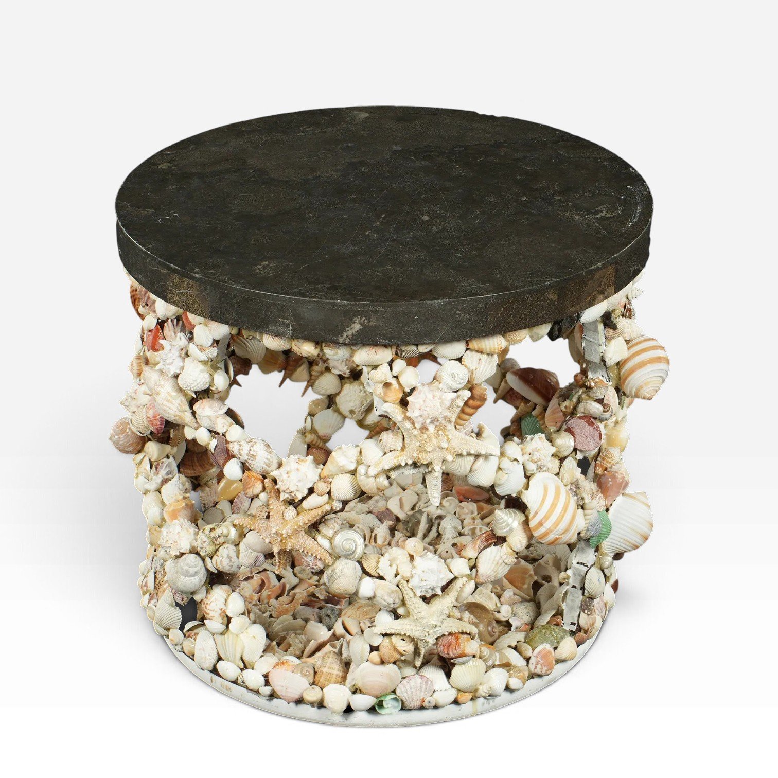 Shell-Encrusted Side Table with Marble Top