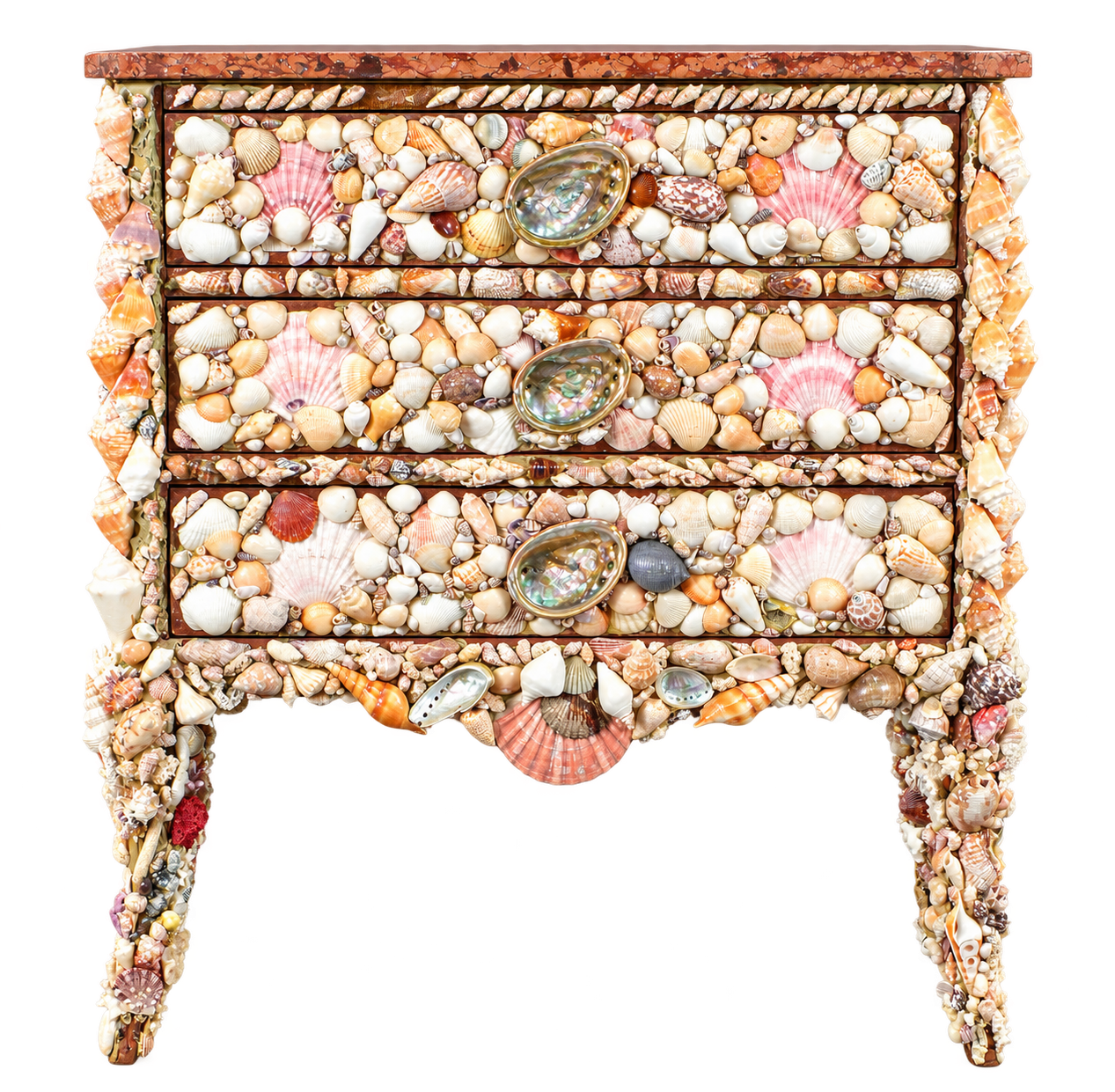 Seashell-Encrusted Three-Drawer Chest with Marble Top