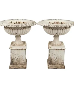 Pair of 19th Century Victorian White Painted Cast Iron Garden Urns on Pedestals