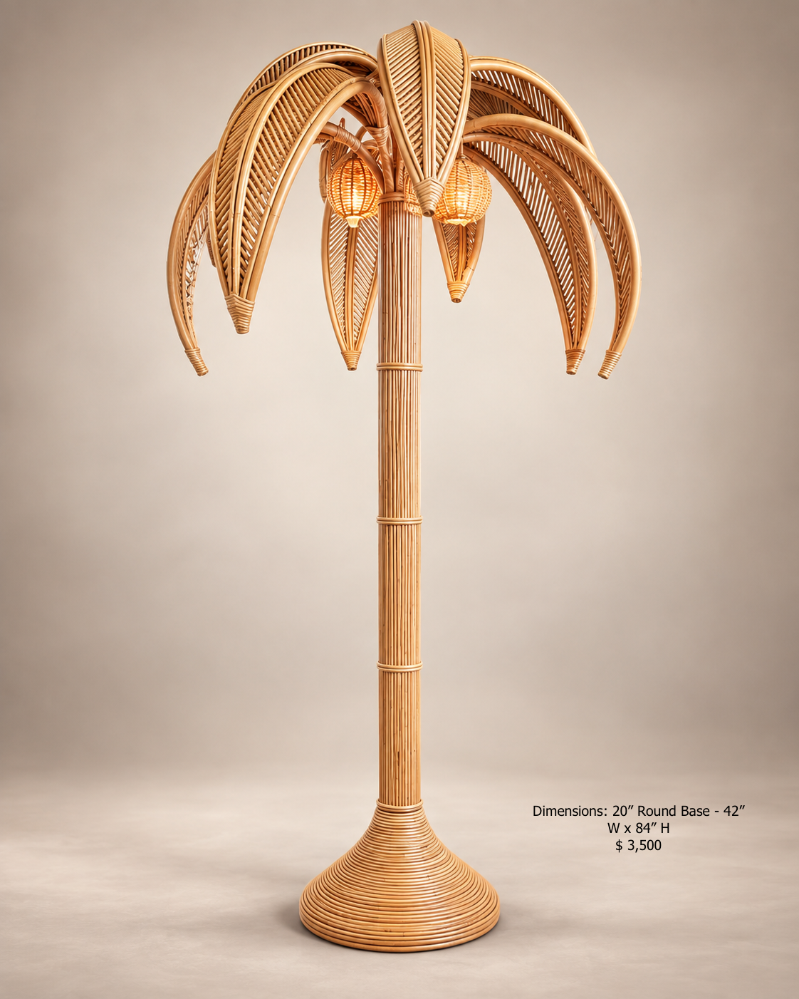 Large Rattan Palm Tree Floor Light, with Bulbs in the Coconuts - Image 3