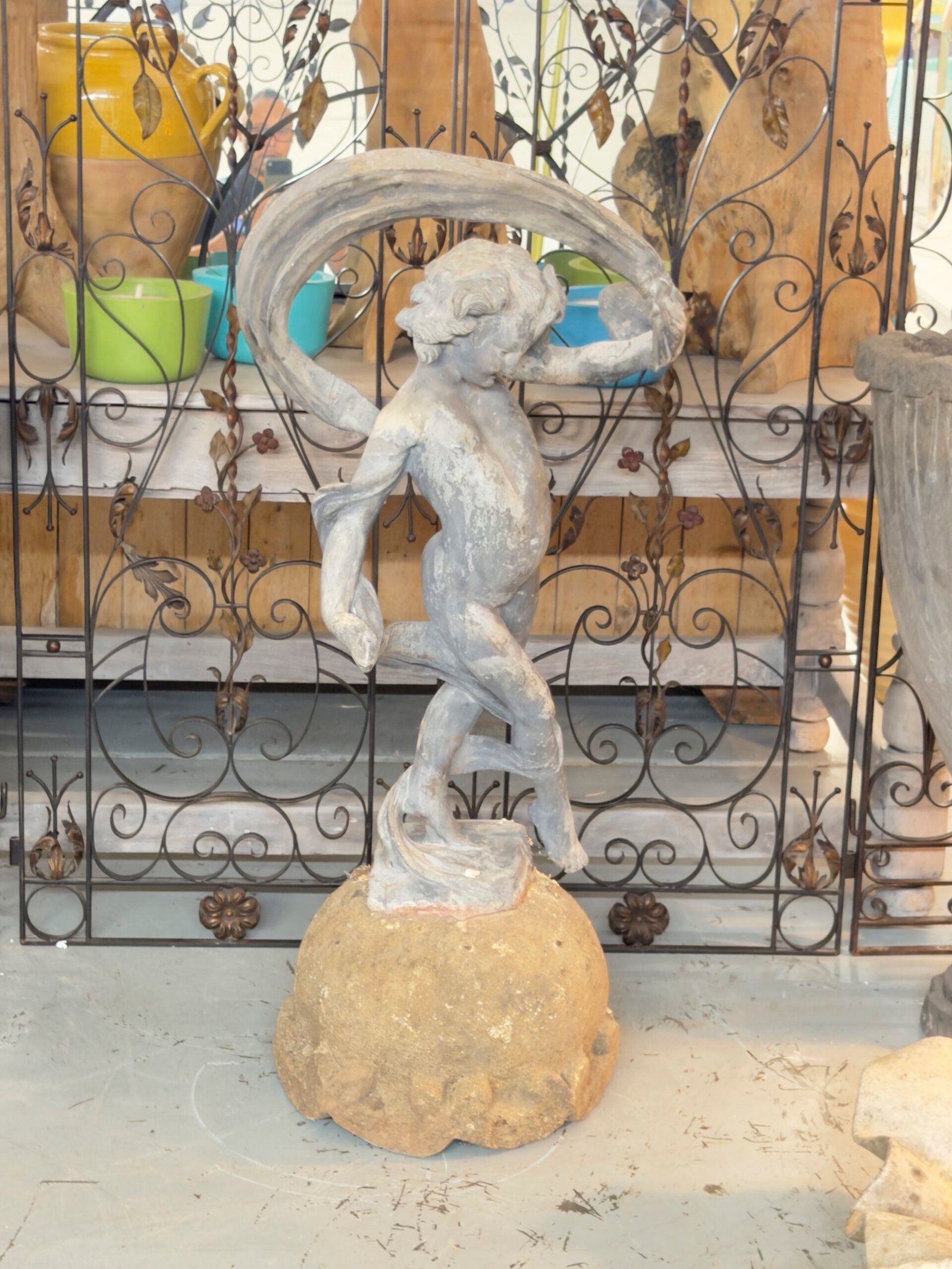 Antique English Lead Figure of a Dancing Putto on Stone Base - Image 2