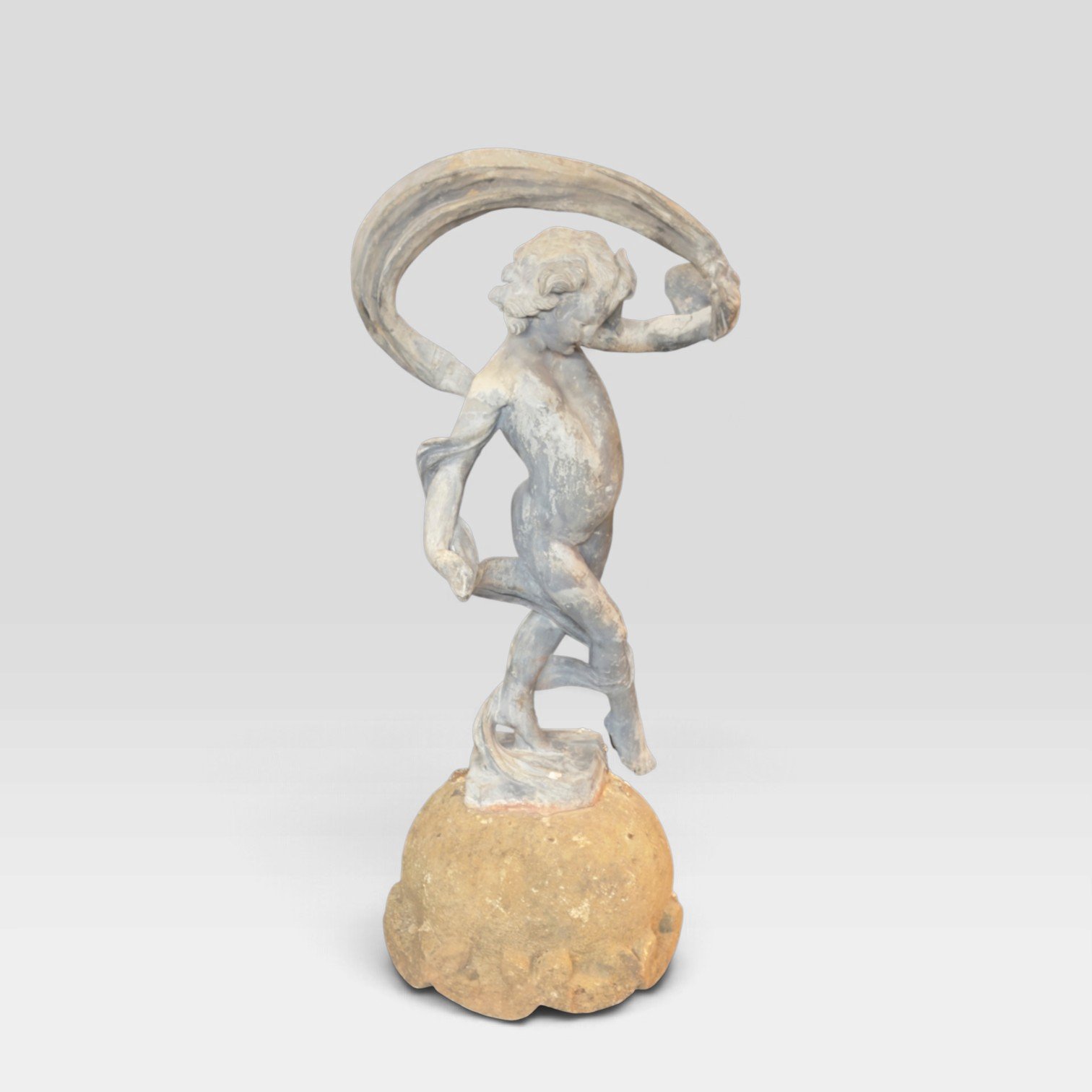 Antique English Lead Figure of a Dancing Putto on Stone Base