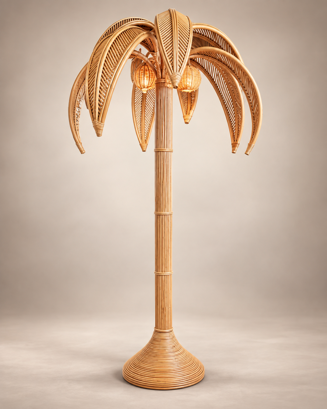 Large Rattan Palm Tree Floor Light, with Bulbs in the Coconuts - Image 2
