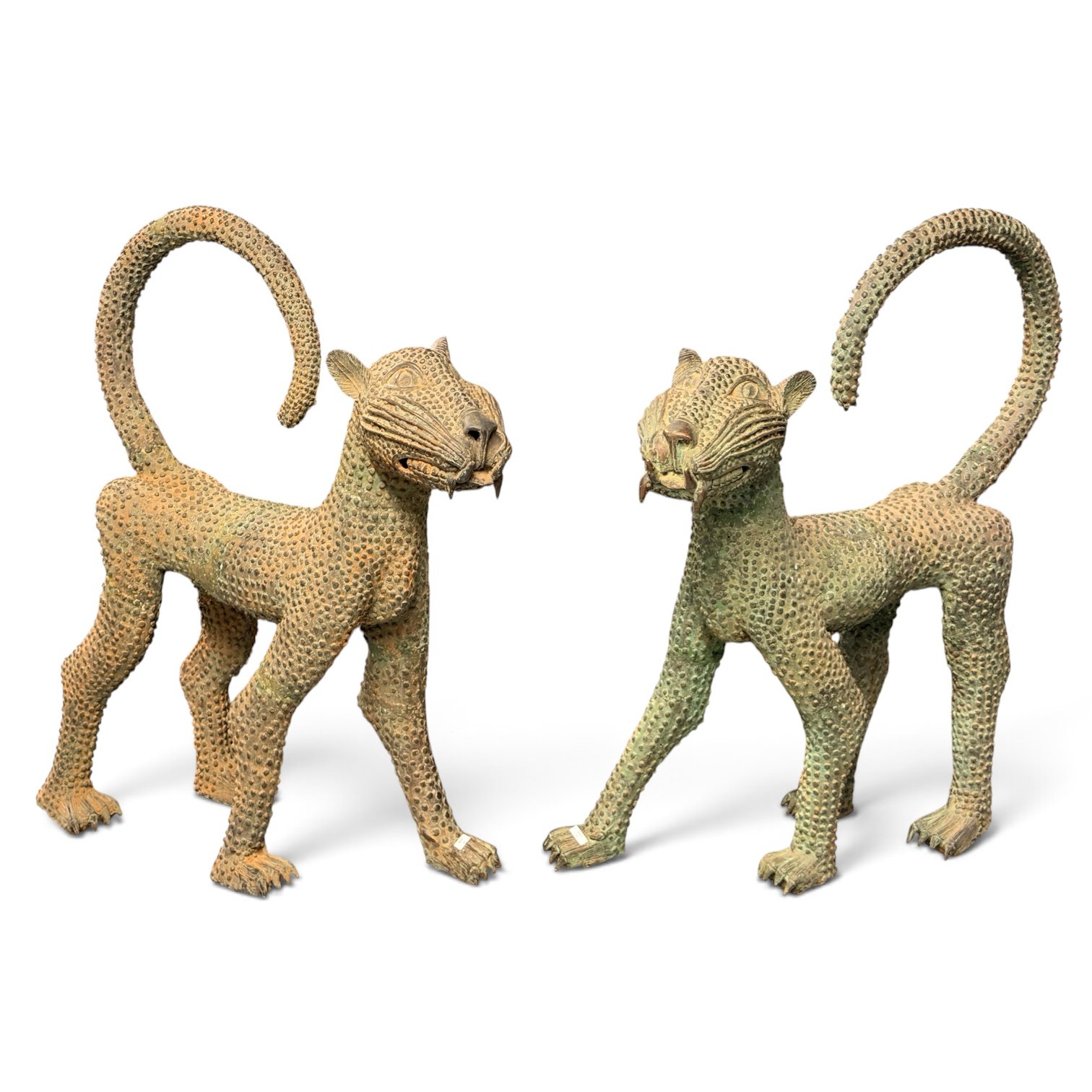 Pair of Vintage Benin-Style Cast Bronze Leopard Statues