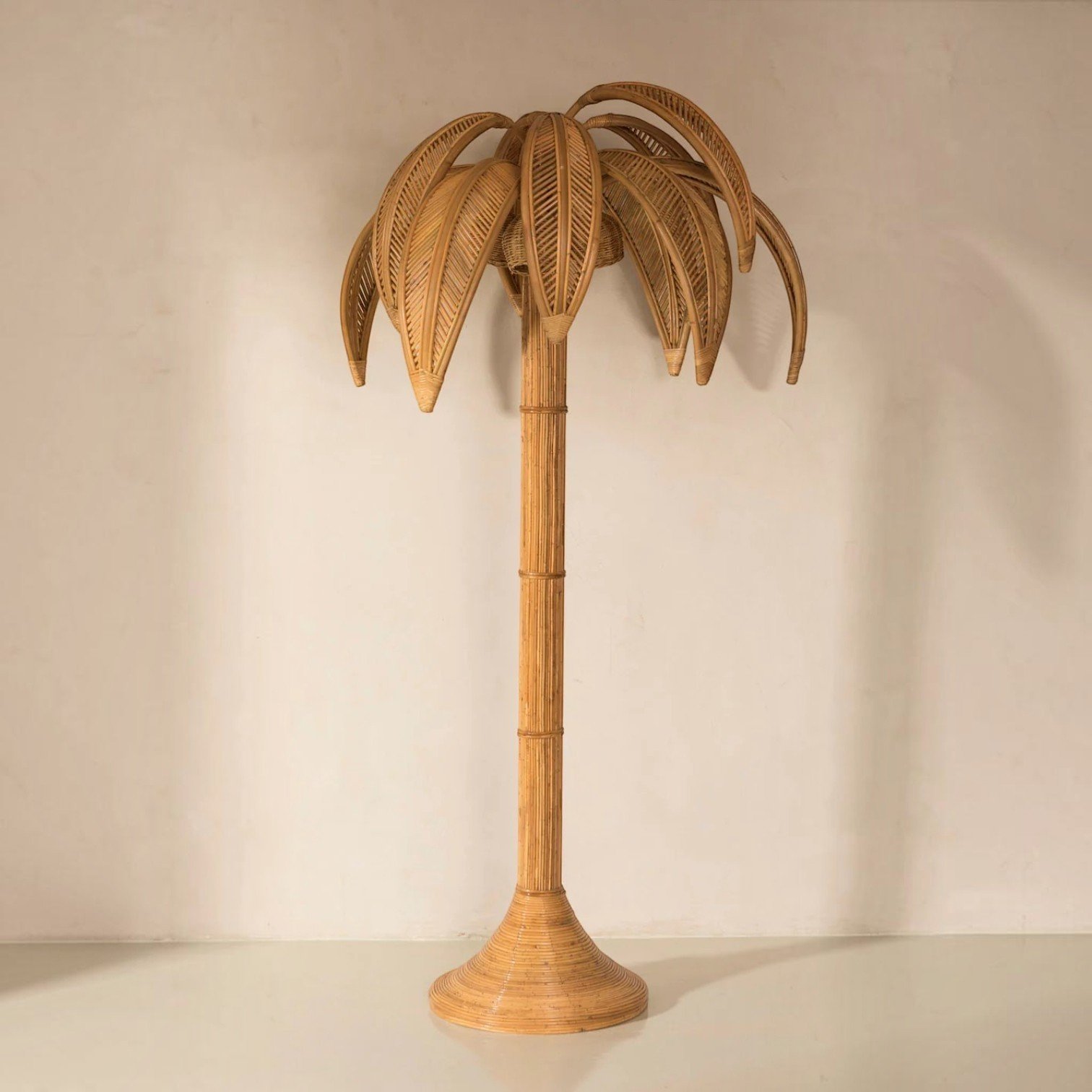 Large Rattan Palm Tree Floor Light, with Bulbs in the Coconuts
