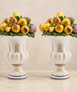 Pair of Vintage Italian Majolica Fruit Topiary Centerpiece Urns