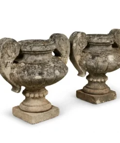 Pair of Vintage Weathered Cast Stone Classical Garden Urns With Scroll Handles