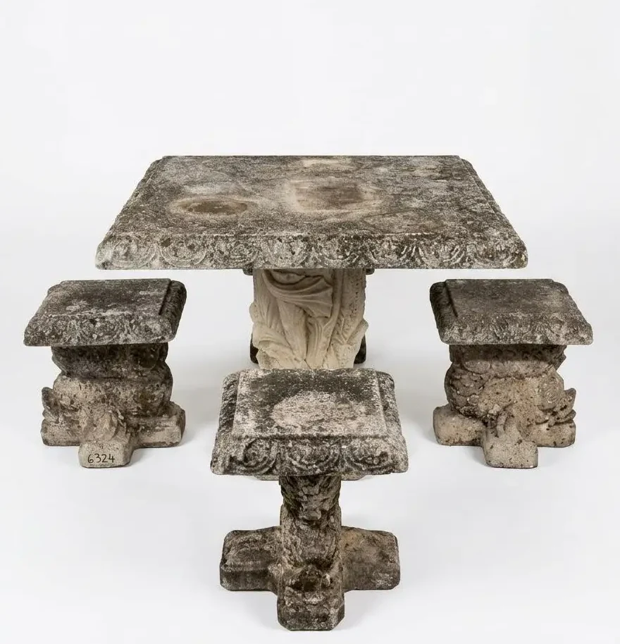 Vintage Cast Stone Garden Dining Set With Dolphin Pedestal Table & Three Matching Stools - Image 2
