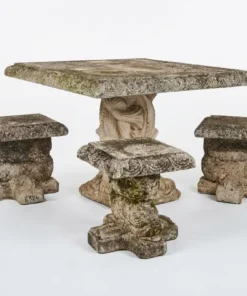 Vintage Cast Stone Garden Dining Set With Dolphin Pedestal Table & Three Matching Stools