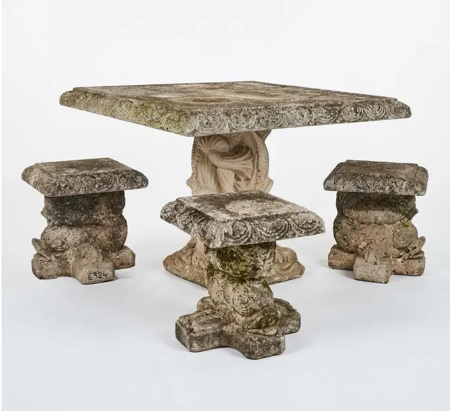 Vintage Cast Stone Garden Dining Set With Dolphin Pedestal Table & Three Matching Stools