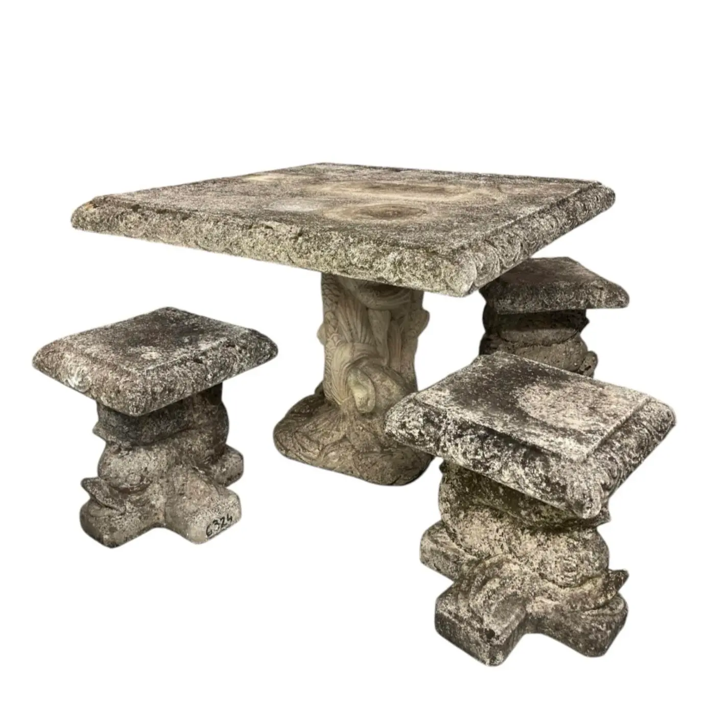 Vintage Cast Stone Garden Dining Set With Dolphin Pedestal Table & Three Matching Stools - Image 7
