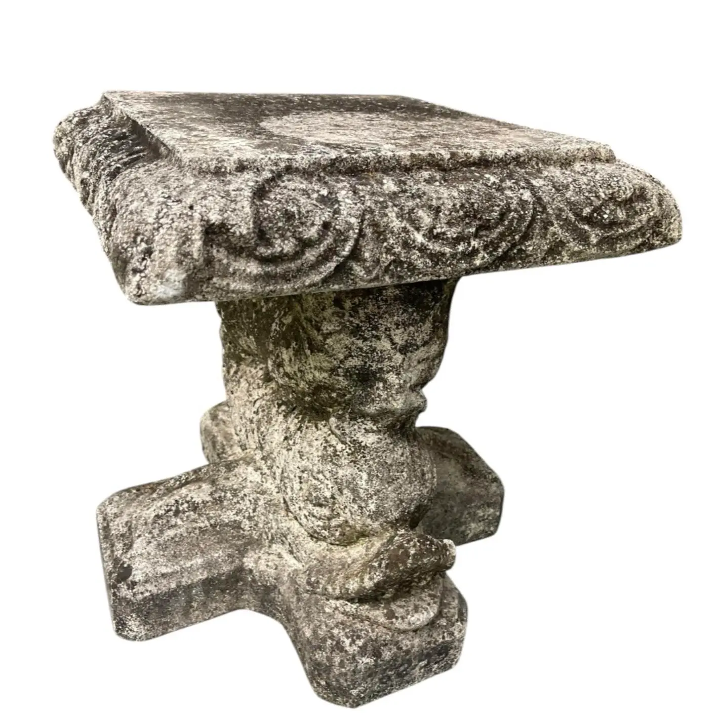Vintage Cast Stone Garden Dining Set With Dolphin Pedestal Table & Three Matching Stools - Image 5