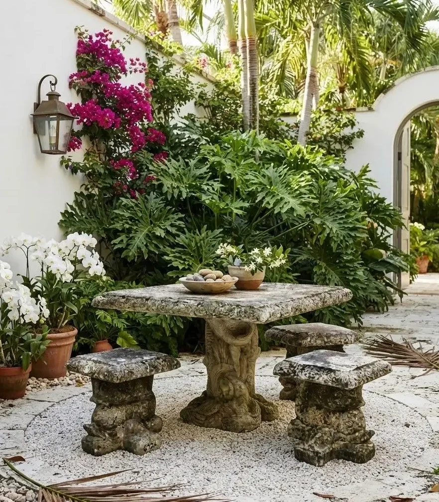 Vintage Cast Stone Garden Dining Set With Dolphin Pedestal Table & Three Matching Stools - Image 9