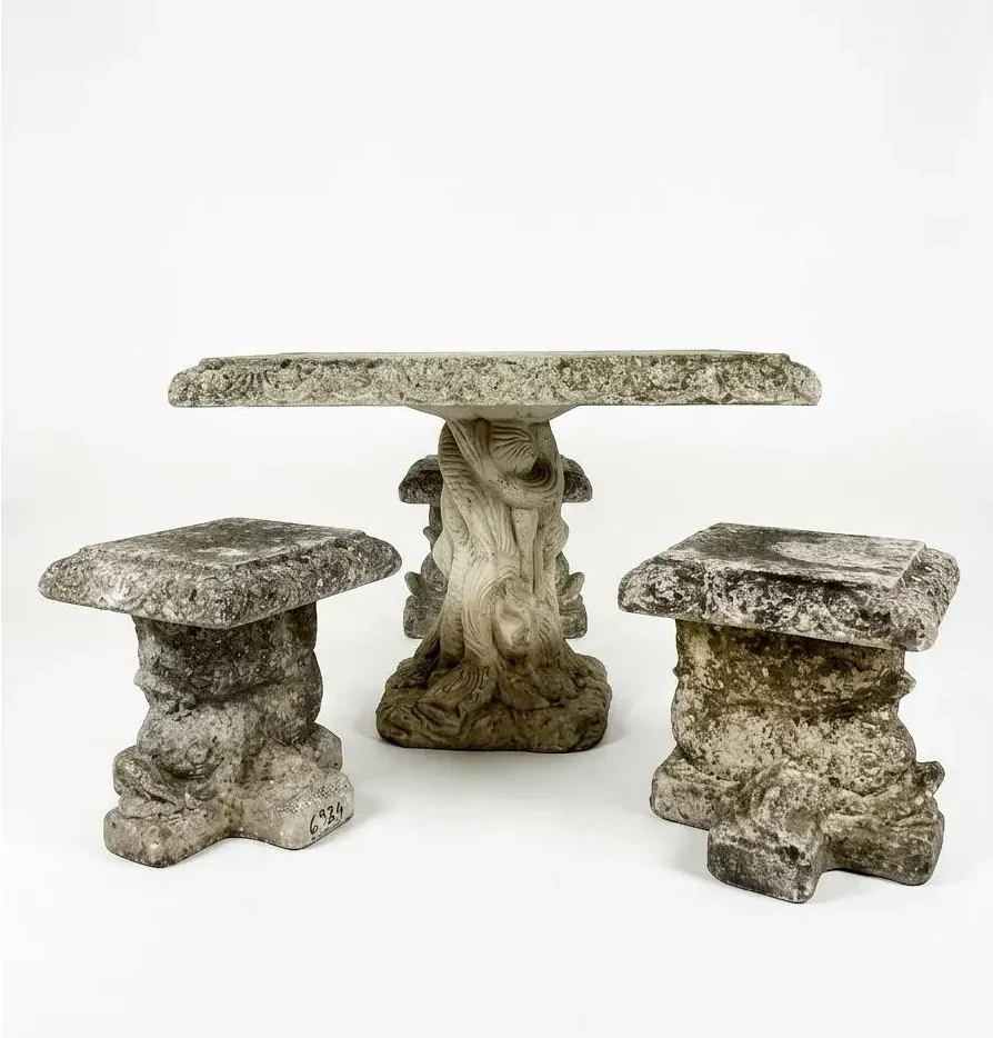 Vintage Cast Stone Garden Dining Set With Dolphin Pedestal Table & Three Matching Stools - Image 3