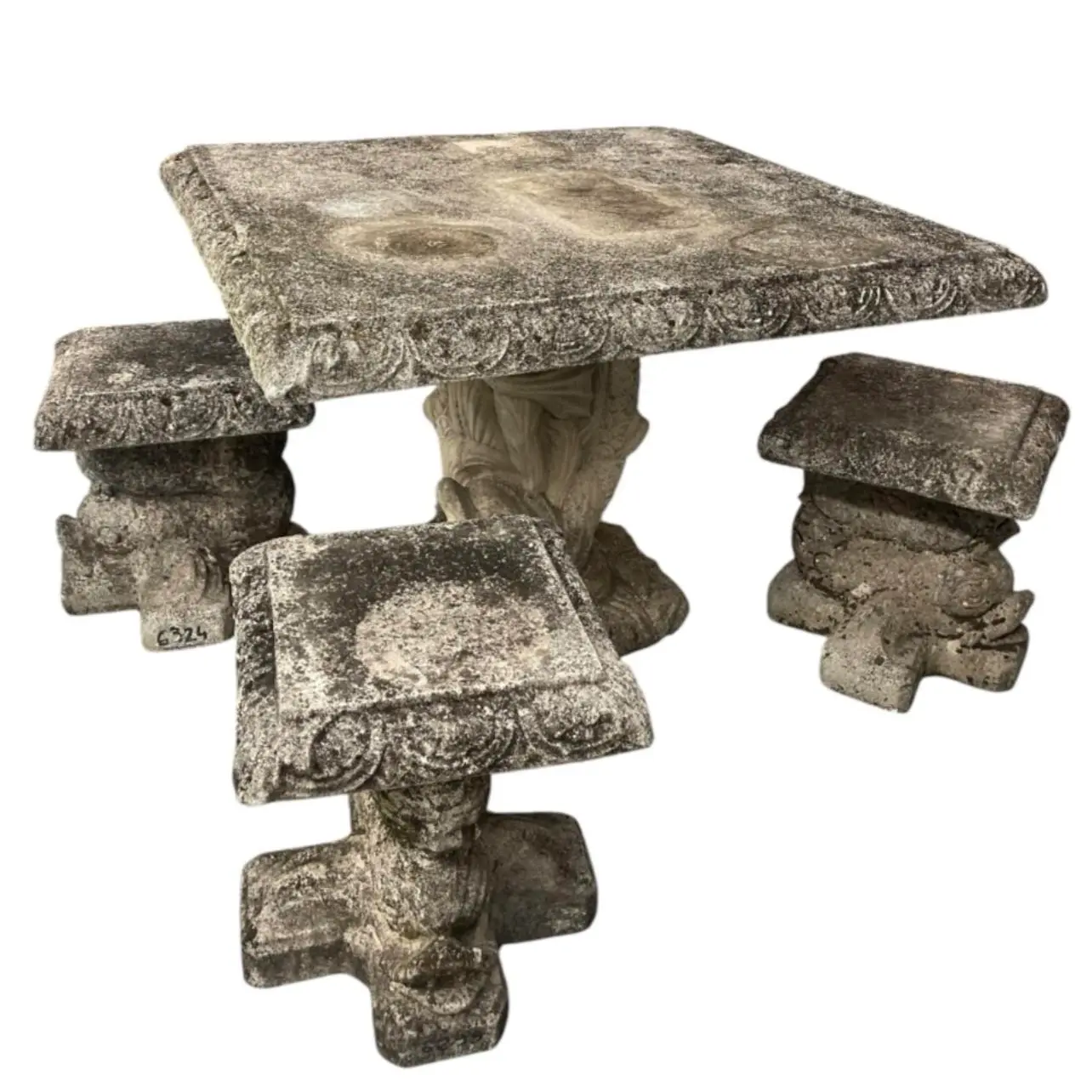 Vintage Cast Stone Garden Dining Set With Dolphin Pedestal Table & Three Matching Stools - Image 6