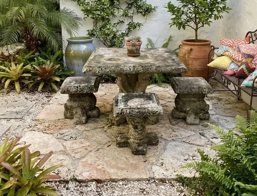 Vintage Cast Stone Garden Dining Set With Dolphin Pedestal Table & Three Matching Stools - Image 8
